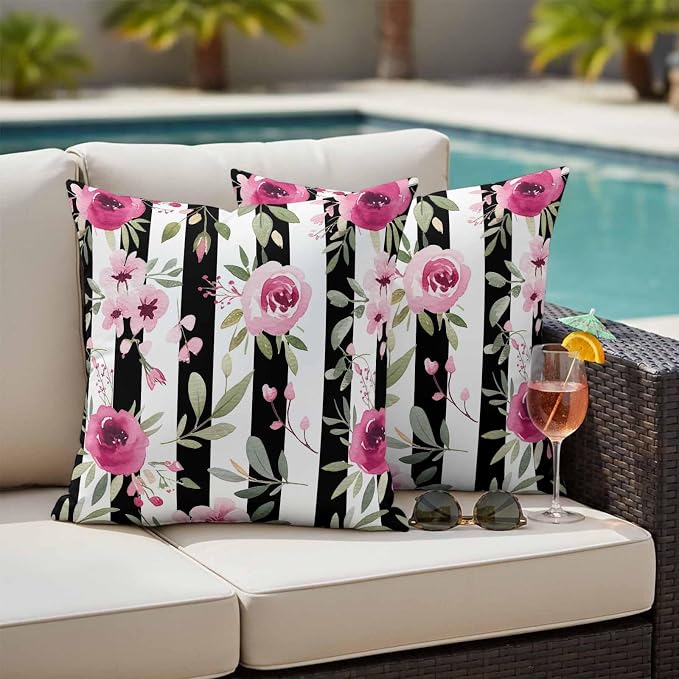 Outdoor Throw Pillow Covers Waterproof Pillow Cases 18x18in Watercolor Pink Floral Decorative Cushion Cases for Couch Sofa Patio Garden 2 Pack Black and White Stripes