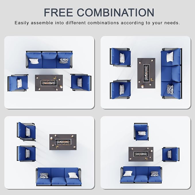 4 Pieces Patio Furniture Set, Metal Outdoor Conversation Sets with Fire Pit Table for Backyard Garden Deck Porch Poolside (Thick Blue Cushions)