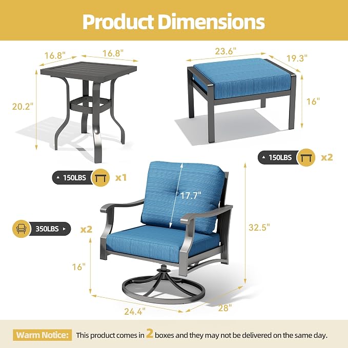 Outdoor Swivel Rocker Chairs w/2 Ottomans, Coffee Table, 5 Piece Metal Patio Conversation Bistro Set with 5" Thickened Cushions, Aluminum Frame for Porch, Yard, Balcony, Blue
