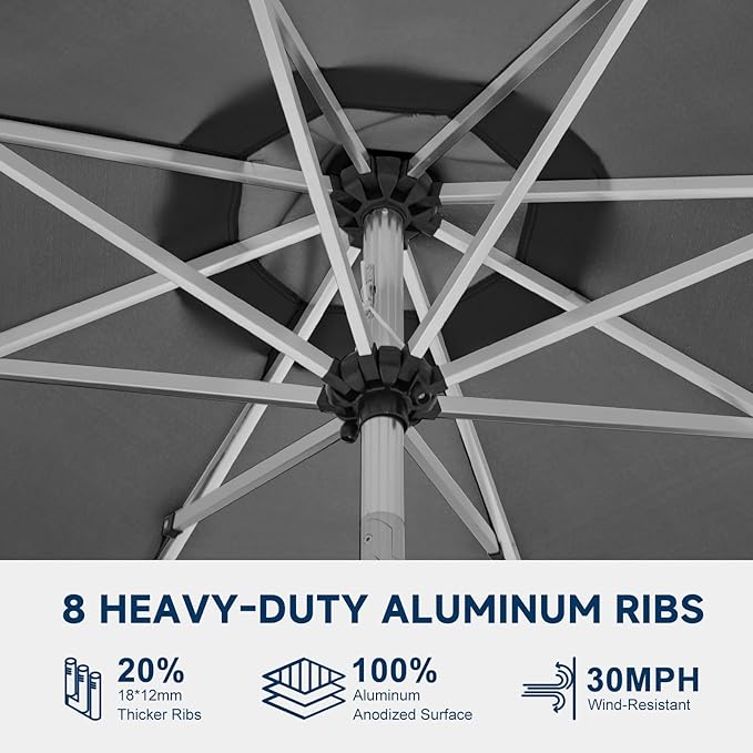 10FT Aluminum Outdoor Patio Umbrella, Fade-Resistant Market Umbrella with Push Button Tilt Function, 8 Sturdy All-Aluminum Ribs for Gardens, Patios, Backyards & Pools