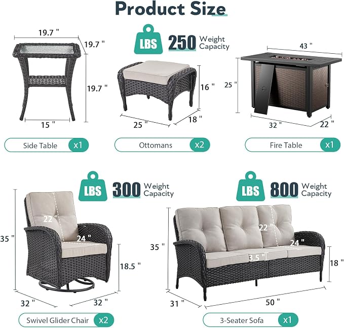 7 Piece Patio Furniture Set with Fire Pit Table - Wicker Patio Conversation Set with Swivel Glider, 3 Seat Sofa, Side Table and 2 Ottomans for Deck Backyard - Black Wicker Beige Cushion