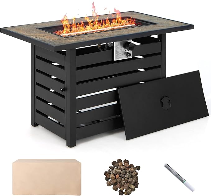 Tangkula 6-Piece Patio Furniture Set with 42 Inches Propane Fire Pit Table, Outdoor Wicker Conversation Set with Cushions and Tempered Glass Coffee Table, 50,000 BTU Gas Fire Pit Table (Black)
