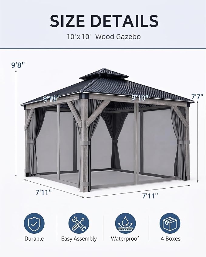 Hardtop Wood Gazebo, Cedar Frame Outdoor Pavilion with Double Galvanized Steel Roof, Curtains and Netting Included, Ceiling Hook for Patio Backyard Deck Lawn Garden (Gray, 10x10FT)