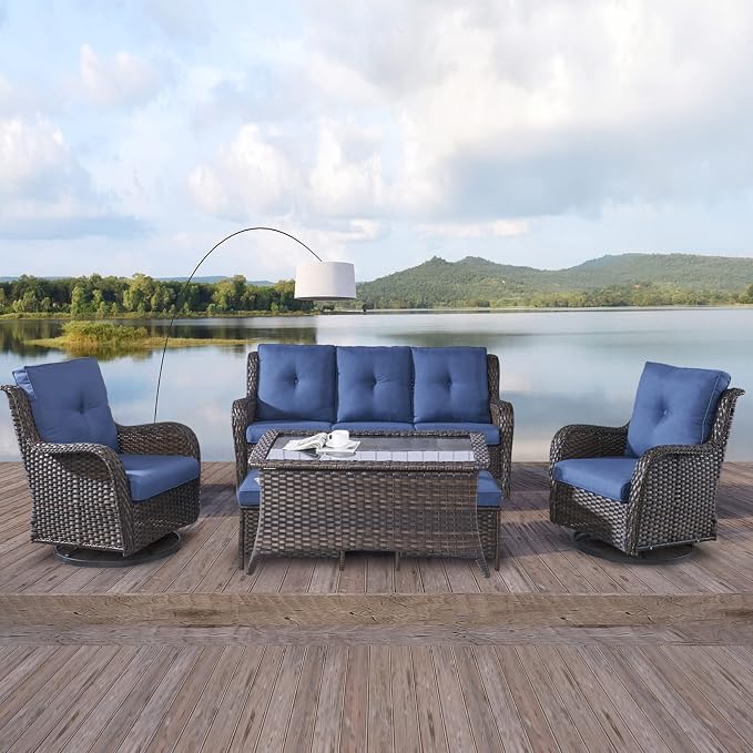 Rilyson Wicker Patio Furniture Set - 6 Piece Rattan Outdoor Sectional Conversation Sets with 2 Swivel Rocking Chairs,2 Ottomans,1 Sofa and 1 Coffee Table for Porch Deck Garden(Brown/Blue)