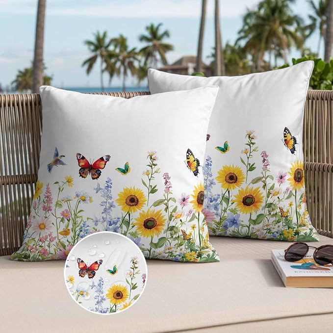 Colorful Florals Outdoor Waterproof Throw Pillow Covers Set of 2, 16"x16", Sunflower Daisy Butterfly Farm Botanical Decorative Pillow Covers Outside Cushion Case for Patio Porch Garden