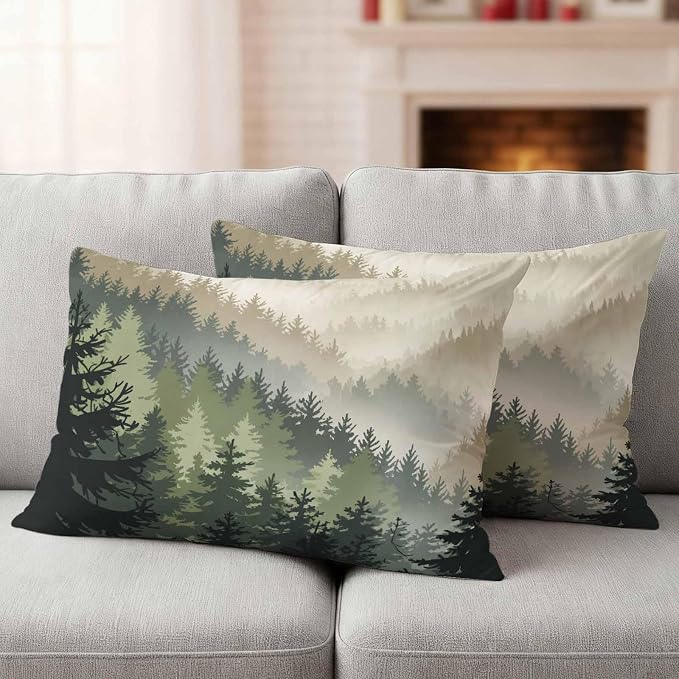 Mountains Outdoor Pillow Covers Waterproof, All Weather Cushion Case Set of 2, Watercolor Forest Nature Pine Trees Landscape Lumbar Pillowcase for Sofa Couch Bed Decor Patio Furniture 20"x12"