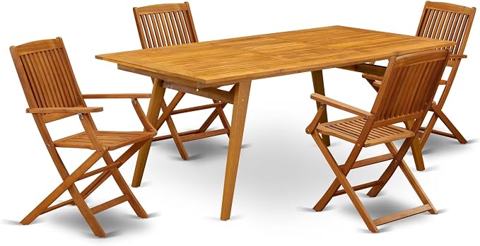 East West Furniture DECM5CANA 5 Piece Patio Dining Set Includes a Rectangle Outdoor Acacia Wood Table and 4 Folding Arm Chairs, 40x72 Inch, Natural Oil