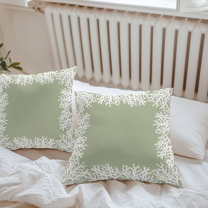 Vandarllin Outdoor Throw Pillows Covers 20x20 inch Set of 2 Waterproof Sage Green Coral Decorative Zippered Cushion Covers for Patio Furniture, Coastal Marine Life Lumbar Pillowcases