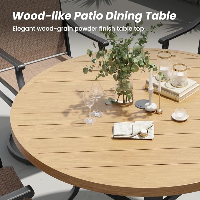 Soohow Patio Dining Set for 4, 5-Piece Round Outdoor Dining Set 4 x Swivel Patio Chairs and 41" Round Outdoor Dining Table with 1.57" Umbrella Hole, Wood-Like, for Poolside, Backyard