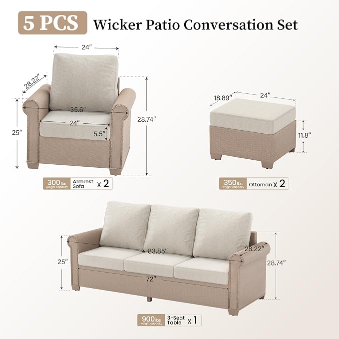 SUNSHINE VALLEY Patio Furniture Set 5 pcs, Wicker Rattan Sofa with 5.5" Thick Waterproof Cushions, 2 Chairs and Ottomans, All Weather Outdoor Conversation Set for Backyard Deck, 7 Seats Beige