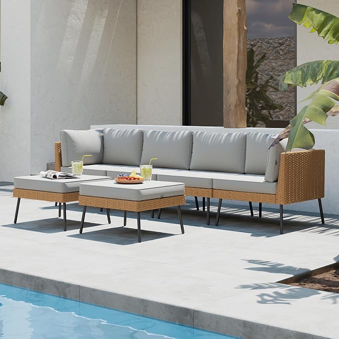 Aoxun 6 Piece Patio Furniture Set, 6 Seats Outdoor Sectional Sofas with Thick Cushion, Wicker Outdoor Patio Furniture Set with Ottomans for Party, Garden, Backyard, Grey