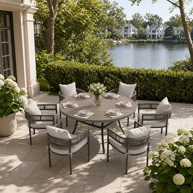 VICLLAX Patio Dining Set, 53" Grey Table & 6 Chairs with Wheat Cushion | Outdoor Table and Chairs Set of Round Metal Patio Table, Outdoor Dining Chairs with Metal Frame, Garden Deck Porch