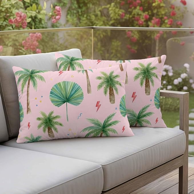 Yukro Tropical Palm Tree Outdoor Waterproof Pillow Covers Pack of 2, Lightning Summer Pink Boho Throw Pillowcases Decorative Cushion Covers for Garden Patio Tent Sofa Couch, 20x12 inch