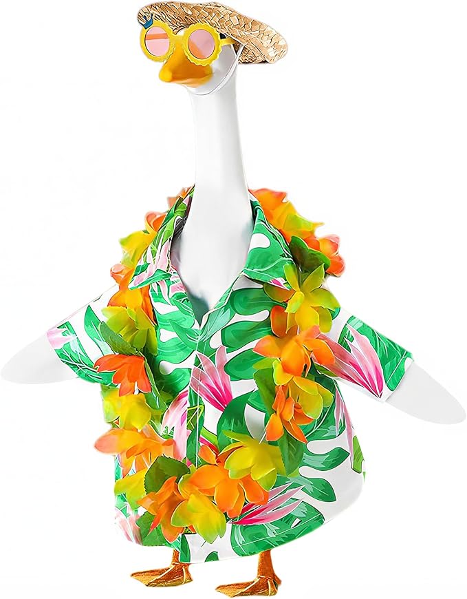 AZYM Hawaiian Porch Goose Outfits,Yard Goose Clothes Hawaiian Wreath with Straw Hat Glasses,4 Pcs/Set Summer Lawn Goose Costume,for 23" Statue Patio Garden Decoration