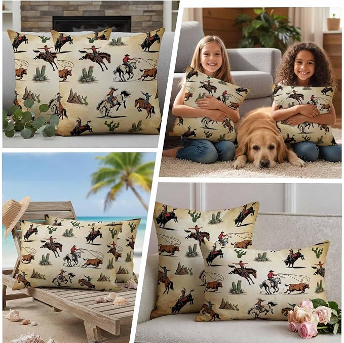 Western Cowboys Outdoor Pillow Covers Waterproof, All Weather Cushion Case Set of 2, Brown Vintage Country Cactus Decorative Pillowcases for Sofa Couch Bed Decor Patio Furniture 20"x20"
