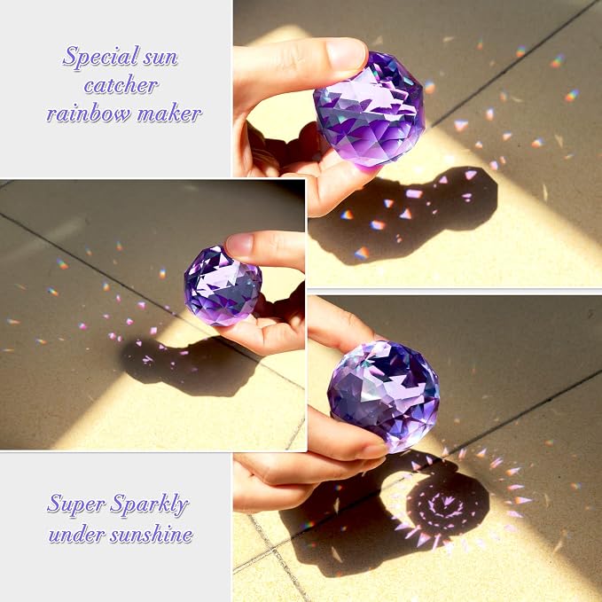 Fonmy Gazing Ball Spiral Tail -Decorative Wind Spinner Sun Catcher Rainbow Maker 11 inch Tail and 2 inch Purple Crystal Orb. Indoor Outdoor Garden Decoration -13 inch Height
