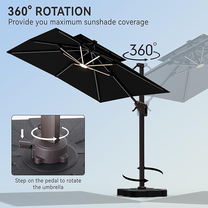 10' X 13' Cantilever Patio Umbrella with Led Lights Double Top Rectangular Outdoor Large Offset Umbrellas with 7 Tilts Adjustable 360°Rotation for Deck Pool Garden Backyard, Black