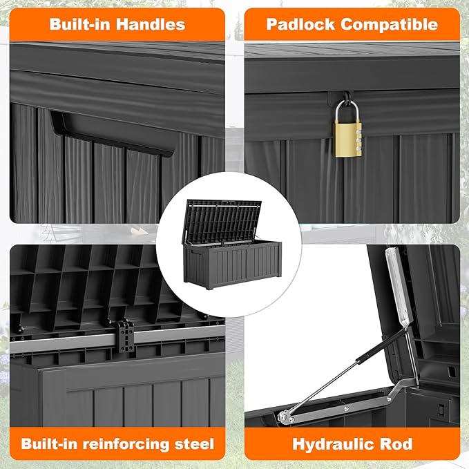 DRATO 120 Gallon Large Deck Box, Outdoor Storage Box for Patio Furniture, Patio Cushions, Gardening Tools, Pool Supplies, 660lbs Weight Capacity, Waterproof Resin Storage Boxes (Black, 120 Gallon)