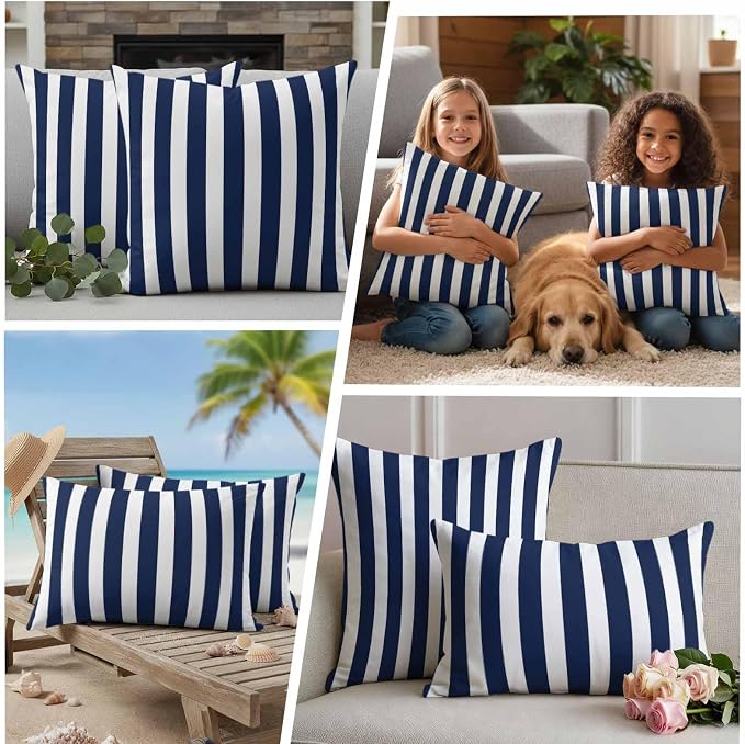 Navy Blue Striped Outdoor Waterproof Throw Pillow Covers 20x20 Set of 2, Modern Farmhouse Blue White Stripes Decorative Pillowcases Cushion Pillowcase for Couch Sofa Patio Outside Pillow Protector