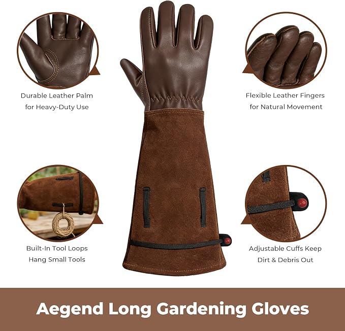 Aegend Gardening Gloves Men, Long Elbow Cuff with Adjustable Strap, Sun & Dirt Protection, Cowhide Leather, Breathable & Comfortable Yard Work, Fit Large Hands for Gardeners (Brown, XL)