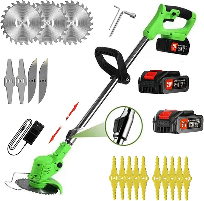 Weed Wacker Battery Operated, 21V 1500mAh Battery Powered Weeder String Trimmer with 2 Batteries and 3 Blades, Weeder Lightweight Powerful Weeder Battery Powered for Yard and Garden Weeder (Green)
