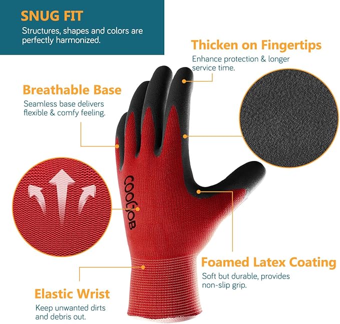 COOLJOB 6 Pairs Gardening Gloves for Men, Breathable Rubber Coated, Xlarge | Garden Gloves Bulk, Non Slip Palm Dipped Grip for Weeding Landscaping, Outside Work for Lawn Yard, Black&Red