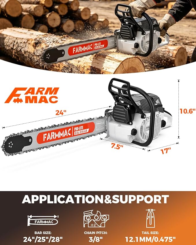 F380W Gas Chainsaw with 24 Inch Alloy Solid Bar, 72cc 2-Cycle Gasoline Power Chain Saws, 3.6KW 4.8HP for Professional Logging Work, Power Chain Saw All Parts Compatible with MS381 MS380 038