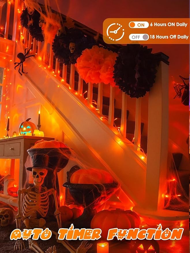 2 Pack 200 LED Battery Operated Halloween Lights, String Lights 8 Modes | 66FT Orange Twinkle Lights with Auto Timer, Battery Fairy Lights Waterproof for Indoor Outdoor Party Bedroom Porch Decor