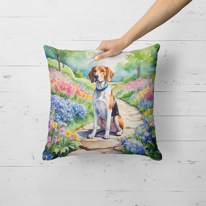 Caroline's Treasures English Foxhound Spring Path Throw Pillow Machine Washable, Indoor Outdoor Decorative Pillow for Couch, Bed or Patio, 18Hx18W