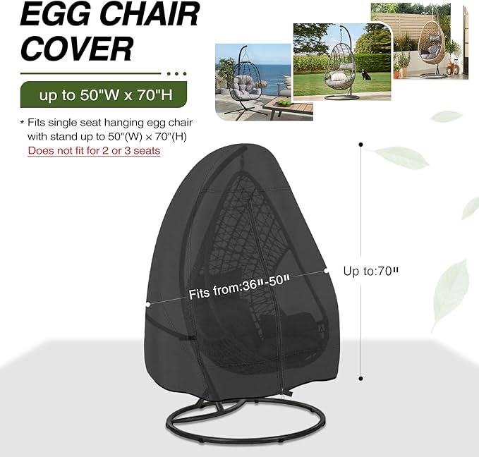 Porch Shield Patio Hanging Egg Chair Cover - 600D Waterproof Outdoor Single Seat Wicker Swing Egg Chair with Stand Protector, Black