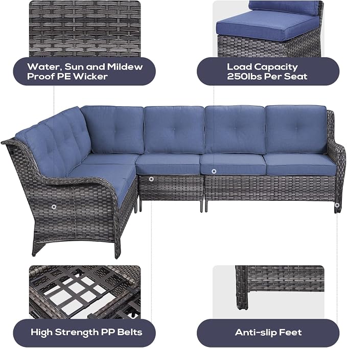 Belord 8 Piece Wicker Patio Furniture Set, Outdoor Swivel Rocker Chairs Set of 2 with Ottomans and Sectional Couch, All Weather Patio Conversation Furniture Set, for Pool,Yard Gray Wicker/Blue
