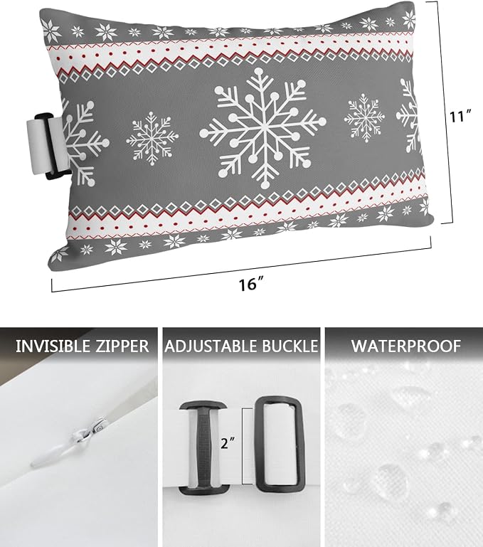 Outdoor Pillows Covers with Inserts Chrsitmas Snowflake Winter Snow Gray Waterproof Pillow with Adjustable Strap Throw Pillows for Patio Furniture Recliner Lounge Chair, 11x16 inch, 1PCS
