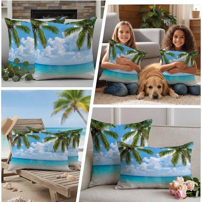 Yukro Tropical Beach Outdoor Waterproof Pillow Covers Pack of 2, Starfish Palm Tree Sky Coastal Throw Pillowcases Decorative Cushion Covers for Garden Patio Tent Sofa Couch, 18x18 inch