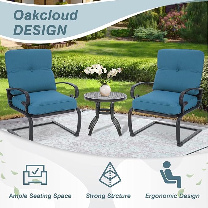 Oakcloud 8Pcs Metal Outdoor Furniture Patio Conversation Set (4 Spring Chairs, Loveseat, Bistro Table, 2 Coffee Tables) - Wrought Iron Patio Chair Set with Cushions (Blue)