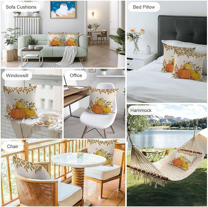 Orange Pumpkins Outdoor Waterproof Pillow Covers, Fall Yellow Leaves Vintage Beige Rustic Decorative Square Throw Pillowcase Sofa Cushion Sham for Patio/Couch/Chair, 18"x18" 2 Pack
