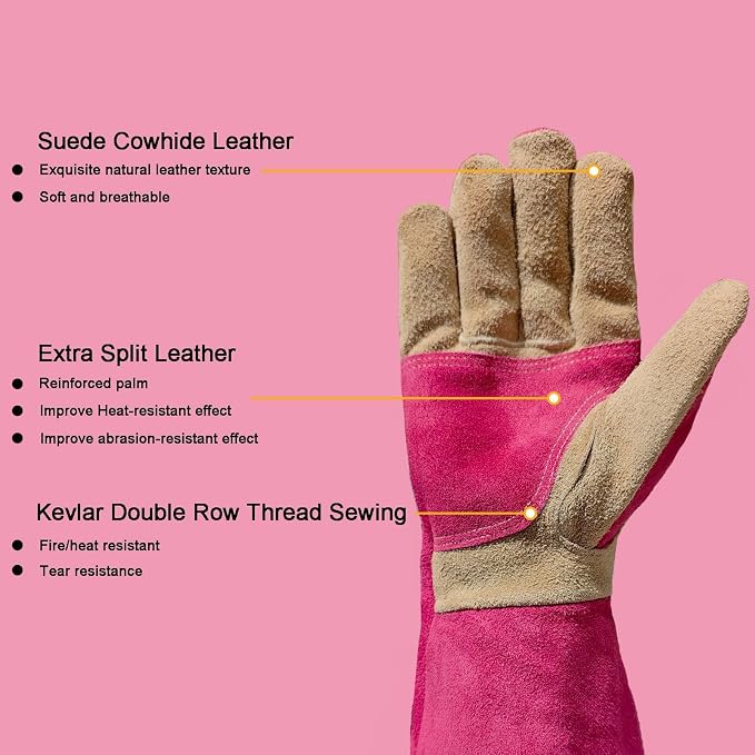 Leather Welding & Gardening Gloves for Women– Pink Heat-Resistant | Work & Gardening Gloves for Pruning, Yard Work, Welding, BBQ, Cooking & Fireplace, Chainsaw, Camping, Outdoor Projects-Large