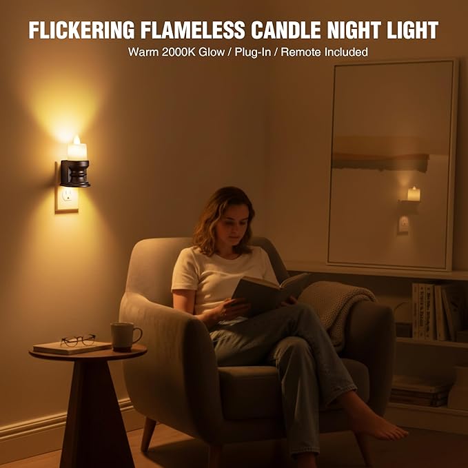 Meonum Flickering Flameless Candle Night Light Plug in, Dimmable LED Nightlight with Dusk to Dawn Sensor, Decorative Candle Light for Bedroom, Hallway, Bathroom(4 Pcs,Warm Yellow & Brown Base)