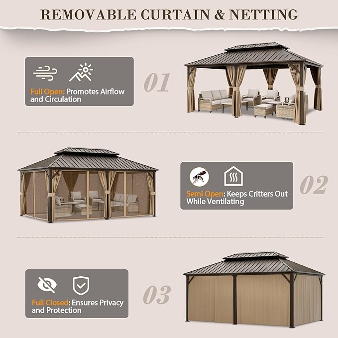 EAGLE PEAK 12x18 Hardtop Gazebo, Galvanized Steel Double Roof with Aluminum Frame, Outdoor Pavilion with Netting and Curtains for Patio, Deck, Lawn and Garden, Dark Brown/Tan