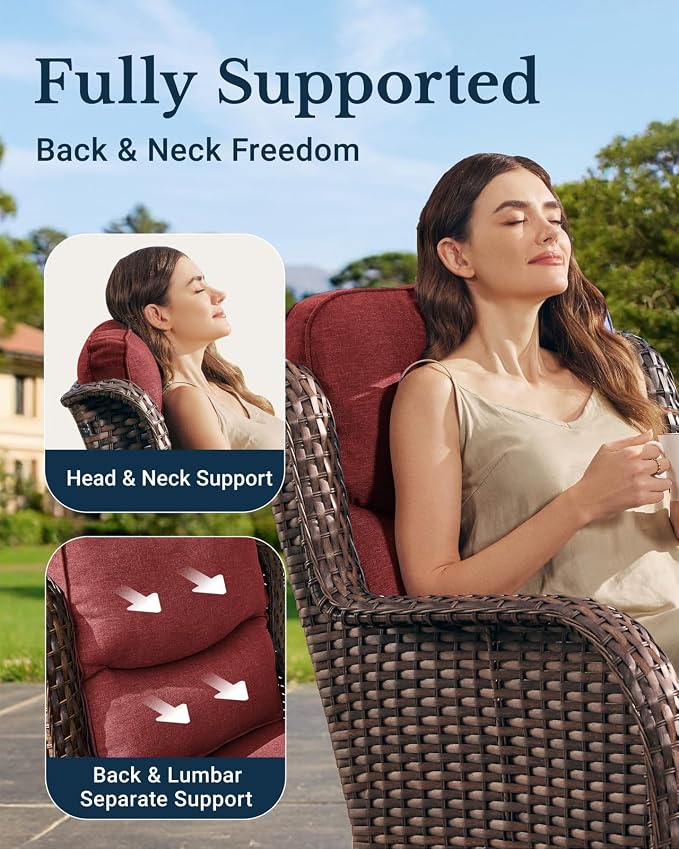 HILLGA Luxury Outdoor Patio Furniture Set with 6-Inch Thick Cushions,High Back Wicker Swivel Rocker Chairs, 7 Pcs All Weather Conversation Set for Large Deck, Yard and Poolside, Burgundy (V3)