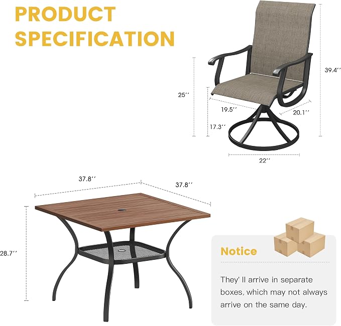 VICLLAX 5 Pieces Patio Dining Set for 4, Outdoor Furniture Set Includes 37.8" Square Outdoor Table and 4 Patio Swivel Chairs for Lawn Garden, Walnut Tabletop and Mixed Brown Fabric