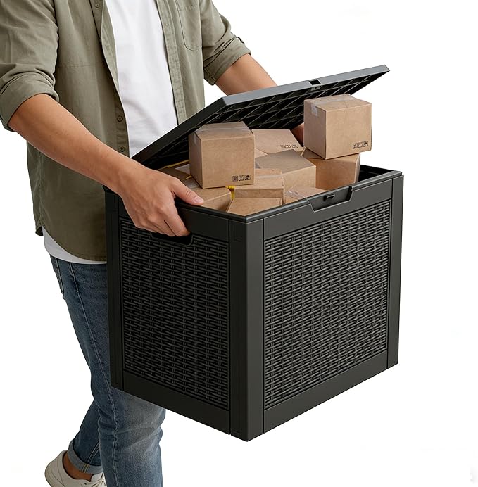 Outdoor Storage Box, 31 Gallon Resin Deck Boxes Outdoor Waterproof For Patio Furniture, Garden Tools, Pool Supplies, Lockable And UV Resistant (Rattan Black)