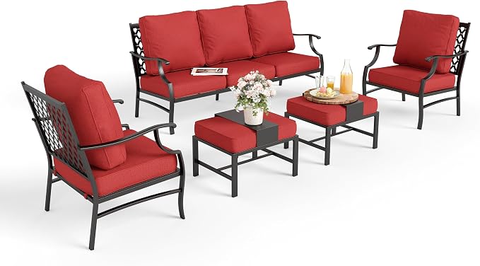 MIXPATIO Patio Furniture Set 5 pcs, Outdoor Patio Furniture, 3-Seat Sofa, 2 Single Chairs, 2 Ottomans and 5.75" Extra Thick Cushion, Patio Conversation Set for Garden Backyard Deck,Red