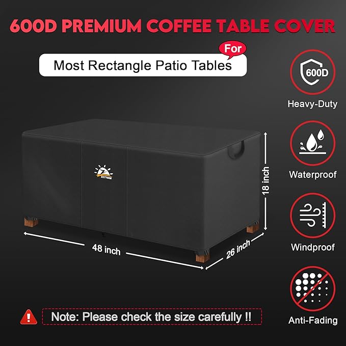 Zettum Outdoor Coffee Table Cover – Coffee Table Cover Rectangle Waterproof & Heavy Duty, Patio Table Covers for Side Tables, 600D Covers Provide All-Weather Protection - 48 x 26 x 18 Inch
