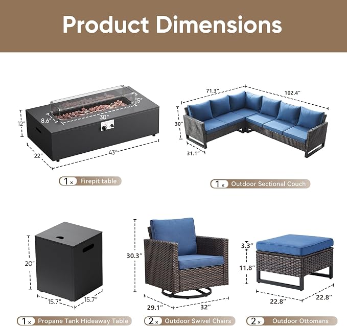 HUMMUH 9 Piece Patio Furniture Set,Outdoor Sectional Sofa Couch & Swivel Rocker Chairs,Propane Firepit with Hidden Fuel Tank,Outdoor Conversation Set for Porch,Garden,Backyard