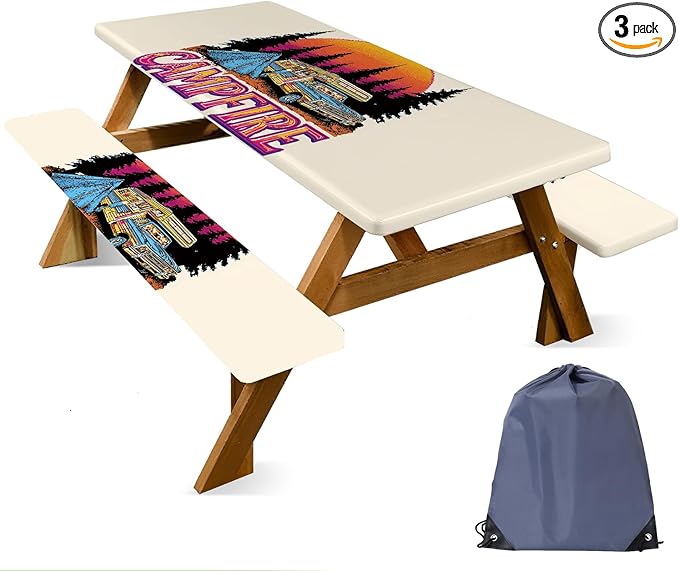ANNA QUEEN Retro Camping Adventure 6FT Picnic Table Cover with Bench Covers Set of 3 with Drawstring Bag, Vintage Camper 72"x30" Waterproof Picnic Tablecloth & Bench Covers