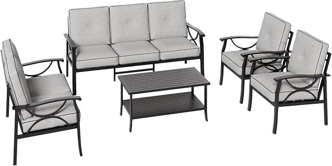 RoyalCraft Outdoor Patio Furniture Set, 5 Piece Patio Conversation Set with Coffee Table, Metal Furniture Set for Porch Backyard Garden, Black