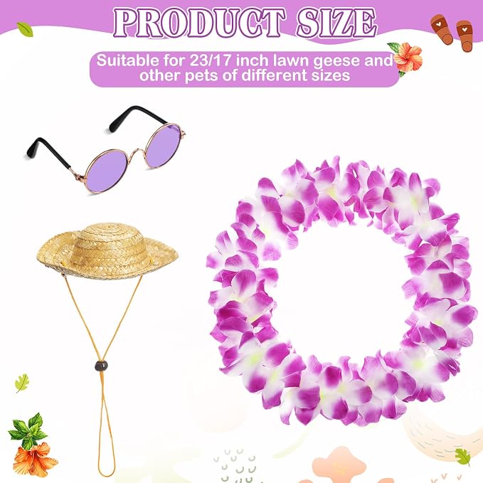 Shyyween Summer Porch Goose Outfits for Plastic Goose 23/17'' Hawaiian Lawn Patio Statue Clothes Straw Hat and Hawaiian Lei Costume(Purple)