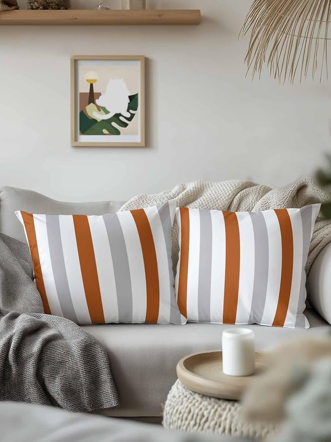 Outdoor Pillows Waterproof, Burnt Orange Gray Striped Bedding Throw Pillows with Insert for Couch Sofa Bed, Farmhouse Stripe Art 16x16 Inch Pillowcases Camping Patio Pillow Set of 2
