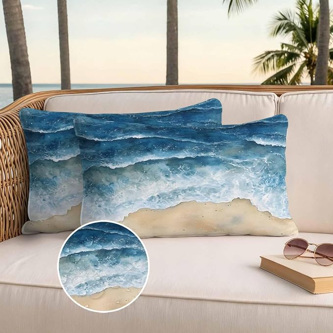 Abstract Waves Outdoor Waterproof Throw Pillow Covers Set of 2, 20"x12", Blue Ocean Spray Beach Watercolor Decorative Pillow Covers Outside Cushion Case for Patio Porch Garden