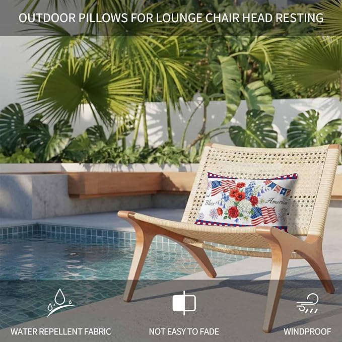 250th Anniversary Floral Outdoor Pillows for Chaise Lounge Chair Headrest Pillow Set of 2 Waterproof Lumbar Pillows with Insert&Adjustable Elastic Strap Red Blue Stars 4th of July Neck Pillow 11"x16"
